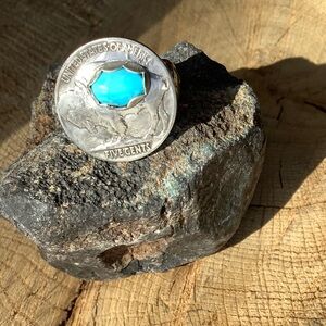 Sterling Coin Ring Turquoise Stone - size 8